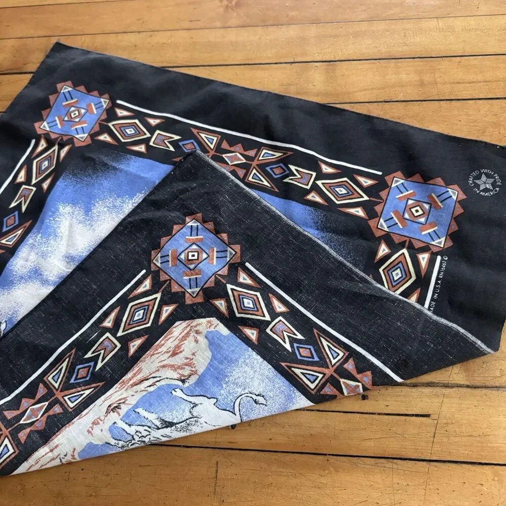 Vintage Bandana Native American Ram Southwestern  Aztec Tribal 80s USA Black Vtg